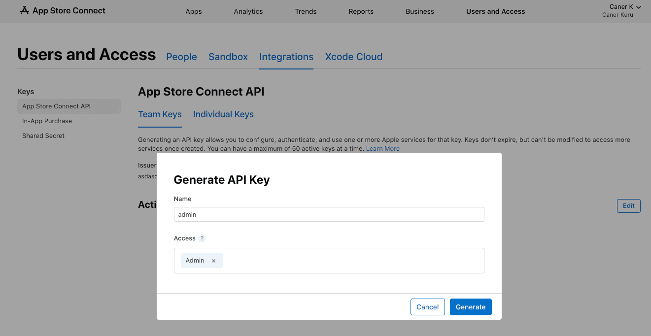 App Store Connect Key Name